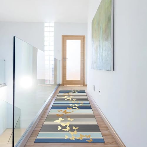 Alfombra de pasillo de decoración abstracta gris y azul 5m 6