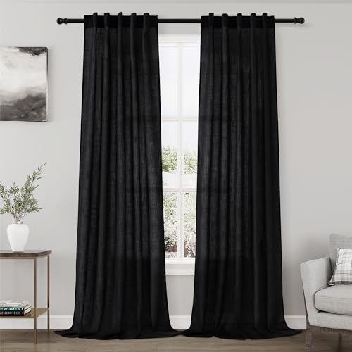Image of Nanspring Black Semi Sheer Linen Curtains 84 inch Length for Living Room Back Tab Rod Pocket Modern Farmhouse Coastal Decor Black Cotton Textured Gauze Curtains for Dining Room Office 38x84