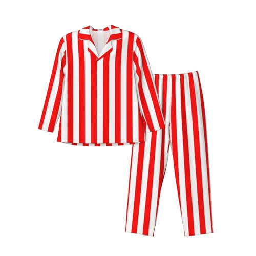 Red And White Stripes Mens Pajamas Set Button Down Sleepwear Set Long Sleeve Loungewear With Pockets3