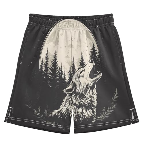 DOMIKING Wolf Moon Black Kids Shorts Pull-on Boys Shorts with Elastic Waist Casual Athletic Pants for Outdoor Summer