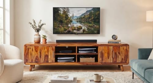 Image of sheesham Wooden TV Cabinet for Living Room 65+ inch - TV Table for Living Room Entertainment Unit - Wooden TV Unit for Livingroom 65 Inch with 4 Open Shelf & 4 Door (Cizo Honey)