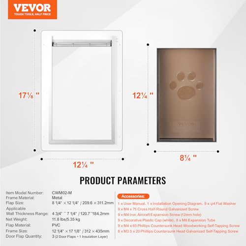 VEVOR Haustierklappe Hundeklappe Metallrahmen mit Schloss & 3-Klappen-System 312 x 435 mm, wetterfeste Hundeklappe Haustiertüre geeignet für Katzen Hunde Kätzchen (Weiß-M) einfache Montage