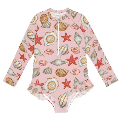 ALAZA Conch Starfish Seashell Girls One Piece Swimsuit Long Sleeve Rash Guard Swimsuits UV 50+ Swimwear Zipper