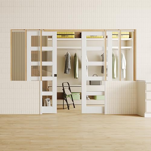 Image of Sliding Pocket Door with Lock, 60 inch x 80 inch, 5-Lite Clear Tempered Glass Pocket Doors with Frame and Hardware Kit Set, Interior Door Slab, White Primed - No Panel Assembly Required