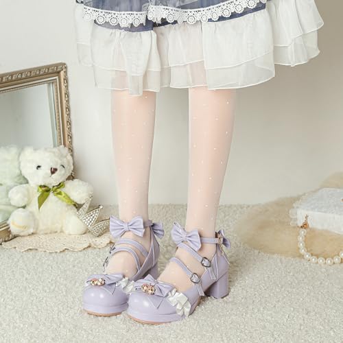 LUXMAX Ankle Strap Pumps Kawaii Shoes for Women Chunky Heel Bow Mary Janes Platform Pumps with Buckle Lace Cute Pumps 6