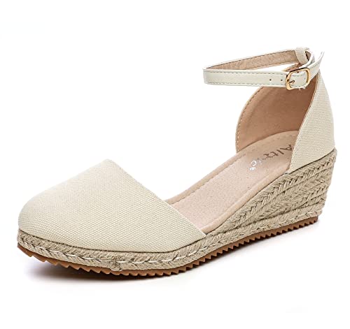 Image of Altxic Women's Closed Toe Canvas Ankle Strap Espadrilles Wedge Sandals