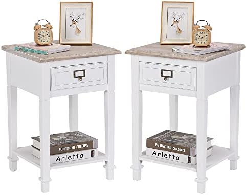 Wnutrees Rustic Farmhouse Accent End Table, Nightstand Side Tables with Drawers and Open Storage Shelf for Living Room Bedroom, Wooden Top, Handcrafted Finish, Set of 2