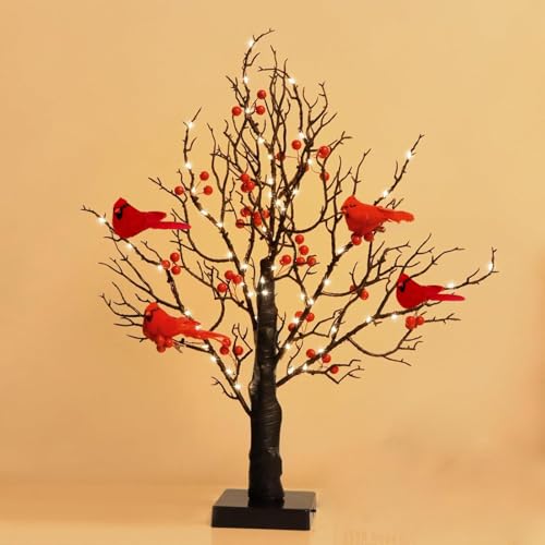 Árbol luminoso vintage con cardenales, lámpara de árbol luminoso con cardenales, funciona con pilas, con ramas iluminadas, for Halloween y Navidad.