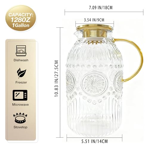 Image of Amzcku Glass Pitcher with Lid, 101 oz / 3 Liter Vintage Water Pitcher,Water Carafe for Cold Brew, Coffee, Lemonade, Iced Tea,Beverage, Heat Resistant Water Glass Jug 1Pack
