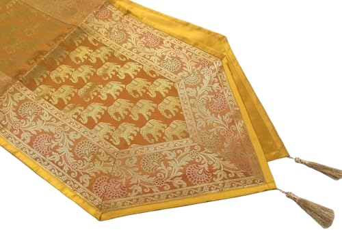 Image of Diwali Room Decor Silk Table Runner Placemats Tea Coaster Set for Living Room 4 to 6 Seater Dinning Table Table Mat Set Centre Table Top Decor Pack of 13 Pcs (Mustard Yellow)