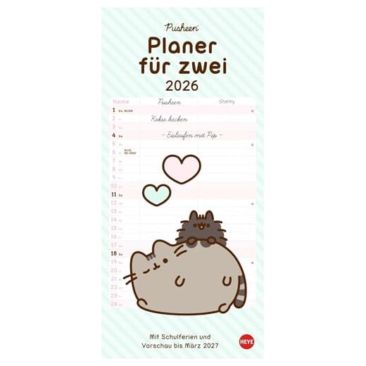 Pusheen Planer für zwei 2026: Wandplaner für 2. Partnerkalender mit 2 Spalten. Terminkalender mit der niedlichen Cartoon-Katze. Wandkalender für 2 Personen.
