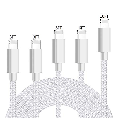 ActionPie iPhone 充電ケーブル 【５本セット 3/3/6/6/10FT】ライトニングケーブル 高速データ転送 急速充電 USB同期＆充電 ナイロン編み アイフォン充電ケーブル 高耐久 iPhone/iPad/iPod各種対応 (シルバーグレー)