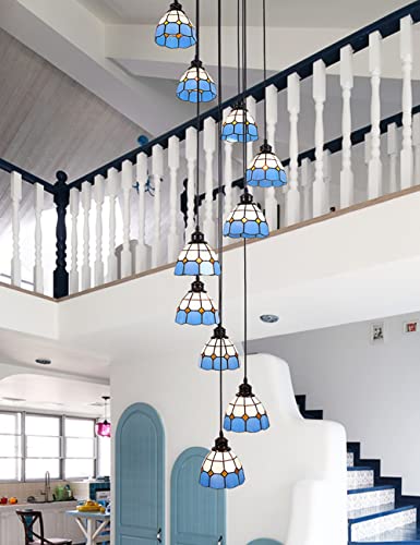 Image of PCXEHUYP 10-Head Blue Ceiling Cluster Pendant Light Fixture,Spiral Staircase Chandelier,Vintage Stained Glass Lampshad Hanging Light,Included Bulbs