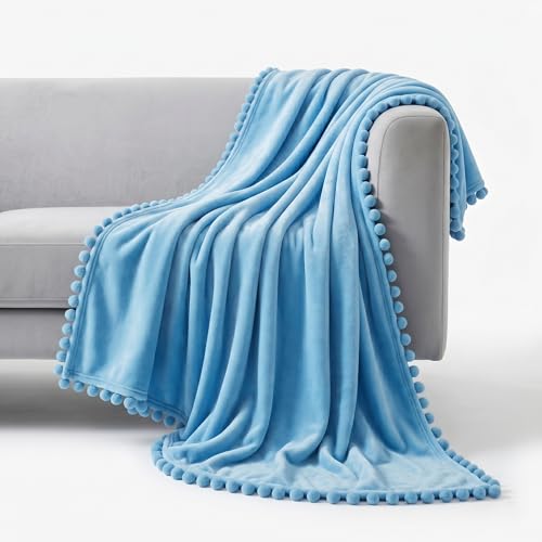Image of SANMARINO 250 GSM Flannel Blanket for Double Bed | Ultra Soft Velvet Touch Throw Blanket with Decorative Pom Pom Fringe | Lightweight & Breathable All-Season /Mild Winter -228x228 cm,Aqua