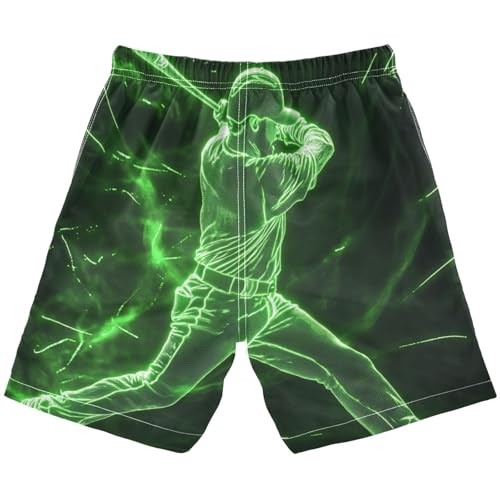 Boys Beach Board Shorts Doodle Baseball Neon Green Swim Trunk Teen Swimwear 8-16Y2