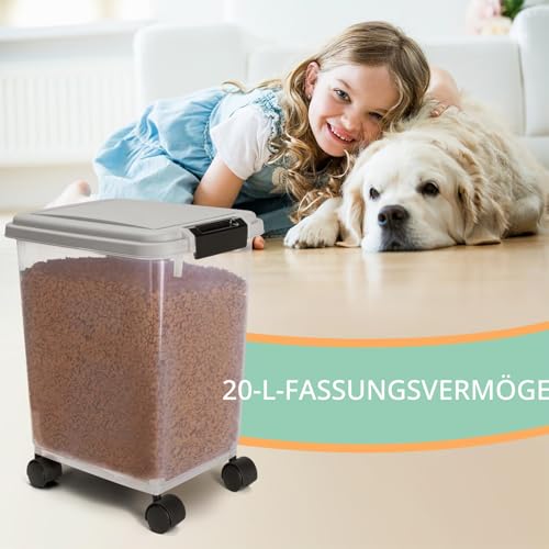 Nobleza - Futterbehälter für Haustiere, 20 L, für Haustiere, Lebensmittelbox mit Rädern, Klappdeckel, Luftdicht, Transparent, Rollen und Schaufel, für Hunde und Katzen, Grau