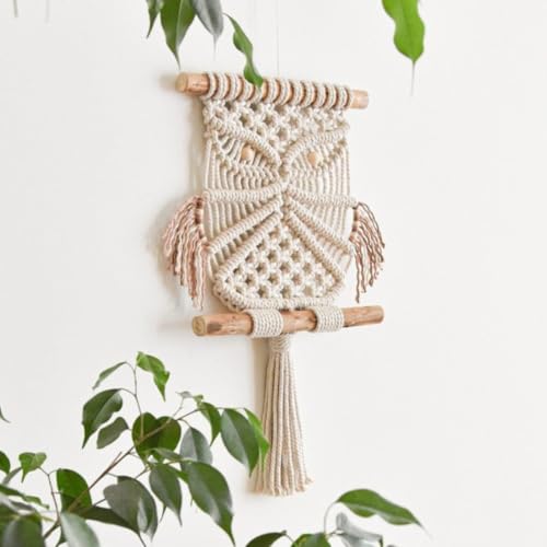 Image of tms Macrame Owl Wall Hanging - Off-White, 10x18 Inch | Handmade Boho Home Decor | Cotton Rope Wall Art | Vintage Owl Design | Living Room, Bedroom & Office Decoration | Housewarming & Gift Item