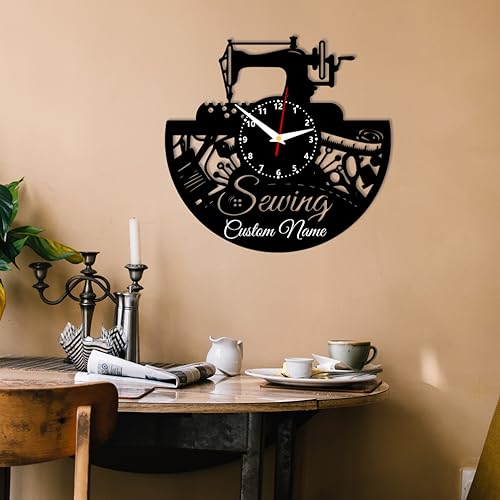 JeathFea Sewing Machine Themed Wall Clock - Wooden Record Wall Art - Home Office Decoration Gift for Tailor, Needlewomen, Dressmakers
