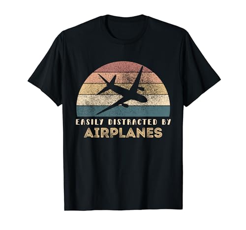 Easily Distracted By Airplanes retro Funny Aviation Airplane t-shirt, Preto, S