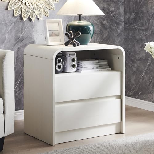 Image of Aitjunz 25 inch Tall Modern Nightstand Set of 2, 23.6'' Wide Wood Bedside Table w /2 Storage Drawers, Charging Station, Mid Century End Table for Bedroom, Living Room,Curved Profile Design, Antique White