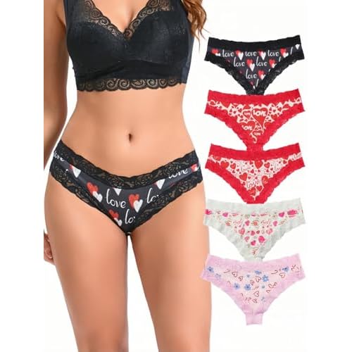 Morvia 5pcs Sexy Women Contrast Lace Hipster Panties Valentine's Day Allover Print Bikinis Underwear Small Red+black+white