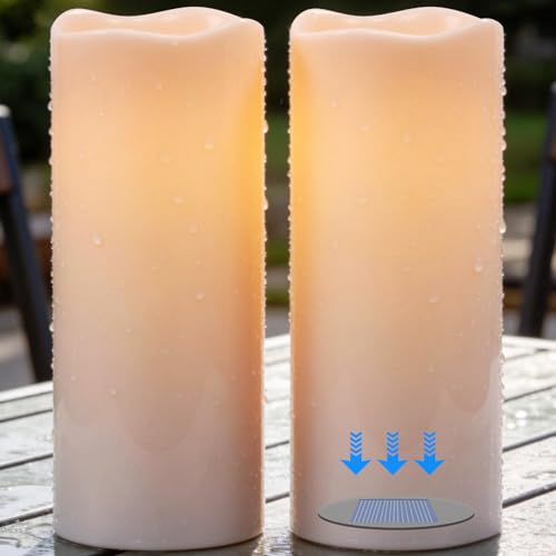 Image of Solar Candles Outdoor Waterproof, 12 inch x 5 inch Large Solar Charging Dusk to Dawn, Outdoor Battery Operated Pillar Candles with Sensor Timer for Patio, Porch, Lanterns, Mantel Decor, 2 Packs