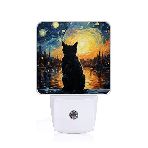 GANTINIR Lonely Cat Night Light, Plug-into Starry Night Nightlight White