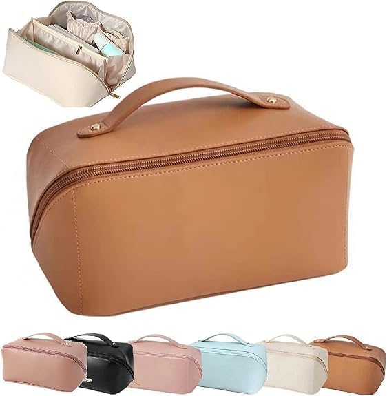 Large Capacity Waterproof Cosmetic Bag for Women – Travel Makeup Organizer with Divider, Handle, and PU Leather Material, Brown, Pouch