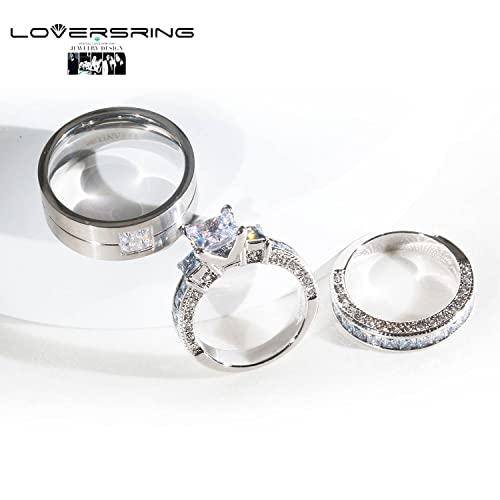 LOVERSRING Couple Ring Bridal Set His Hers White Gold Plated CZ Stainless Steel Wedding Ring Band Set 6