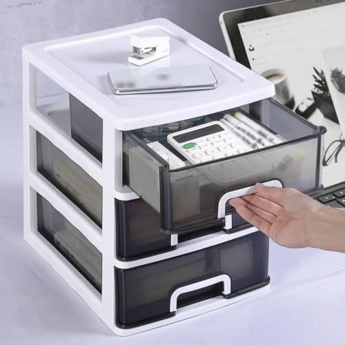 Image of Desktop Drawer Organizer Translucent Fronts Office Supply Drawer Organizer Built-in Handles Workspace Storage for Home Desk Large 3-Tier Black