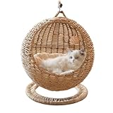 Pakabiキャットベッド 半密閉型ペットハンモック 通気性 ラウンドラタンベッド 通年使えるキャットハンモック (60x46cm) (天然海草（マットを含む）)