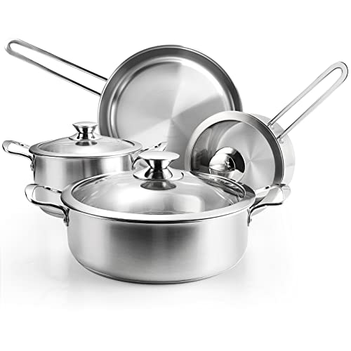 Stainless Steel Pots and Pans Set, 7-Piece Kitchen Cookware Sets with Glass Lids, Stay-Cool Handle, Oven Safe, Works with Induction/Electric and Gas Cooktops, Dishwasher by Wodillo - Used condition - US$44.99