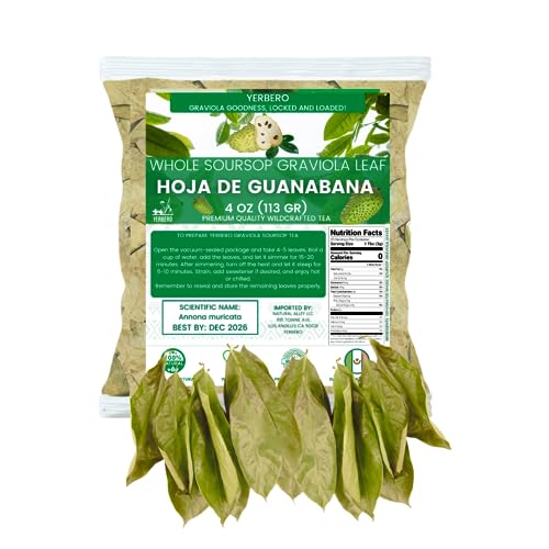 YERBERO - Whole Dried Graviola Soursop Leaves (4oz - 330+ Leaves Per Bag) Soursop Leaf Delici Fresh Tea 4 Ounce (Pack of 1)