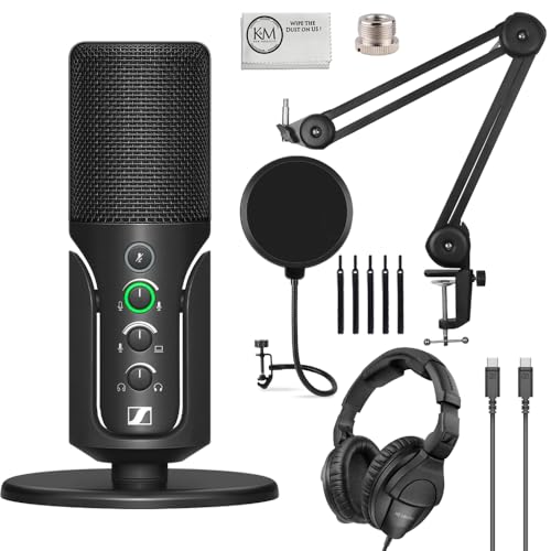 Image of Sennheiser Profile USB Condenser Microphone with Desktop Stand Bundled with Closed-Back Headphones + Microphone Boom Arm + Wind Screen Pop Filter + Microfiber Cleaning Cloth (5 Items)