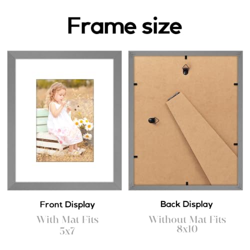 Image of 8x10 Picture Frames 6 Pack, Mat for 5x7 Photos, Shatter HD Plexiglass | Removable mat fits two photo sizes, slim frame with stand for horizontal & vertical tabletop & wall mount