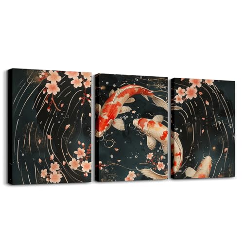 Peinture murale japonaise Ukiyo-e en 3 panneaux orange et blanc pour decoration salon