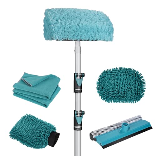 TelesPro 12FT Car Wash Brush with Long Handle, Car Cleaning Kit with Soft Wash Brush, Tire Brush, Window Squeegee, Microfiber Cleaning Head, Mitt, for House Siding, Auto Cars, Trucks, SUV, RV, Floors