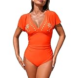 Bañadores de Mujer Tallas Grandes Traje de Baño Traje ño para Mujer Cuello en V Sexy con Flores Huecas Bikini con Mangas ñ ñadores Reductores Talla Grande (Orange M)