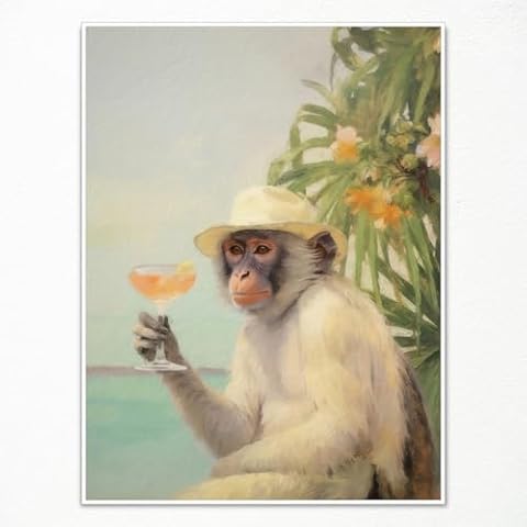 Yuaruo Funky Monkey Cocktail Canvas Wall Art, Retro Bar Cart Room Aesthetic Poster, Cute Funny Animal Painting Print, Cute Monkey on Vacation Dorm Apartment Wall Decor 24x36in Unframed Cover
