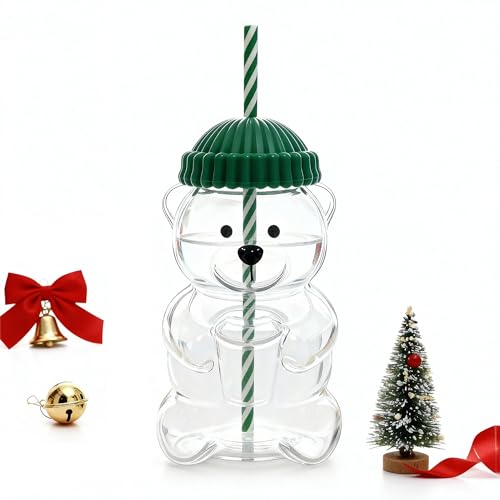 gaulofo 20oz Bear-Shaped Glass Cup Cute Reusable Glass Tumbler with Lid and Straw for Coffee Milk Tea Birthday & Holiday Gift (Green)