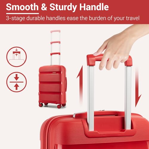 Image of Kono Carry On Luggage 24 Inch Checked-Medium Hard Shell Travel Trolley 4 Spinner Wheels Lightweight Polypropylene Suitcase with TSA Lock, Red