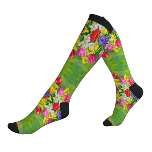 Calcetines de compresión con estampado de flores para hombres y mujeres, hasta la rodilla, adecuados para correr, viajar y volar, 1 par, 3 Negro, Altoa única