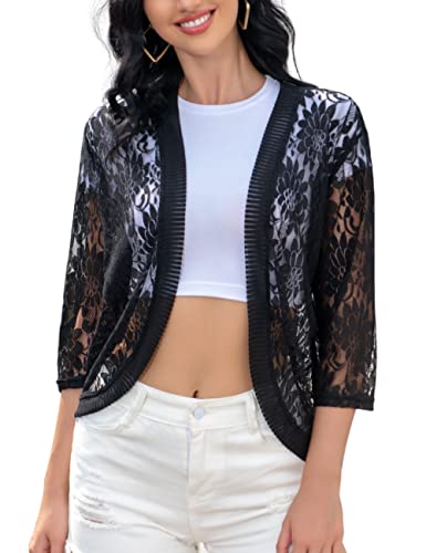 Image of Xunger Women's 3 /4 Sleeve Lace Cardigan Casual Open Front Floral Lace Shrug Summer Cover Up