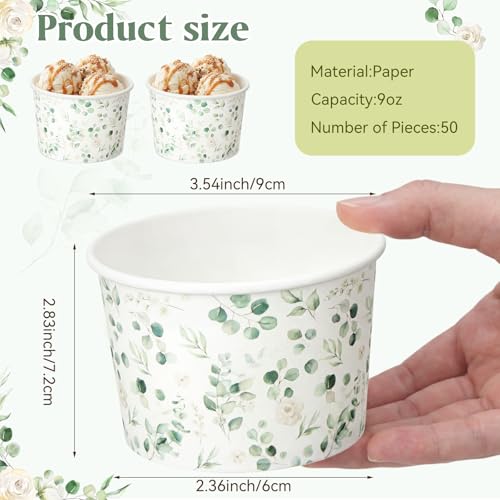 Image of Funnymoom 50 Pack Sage Green Ice Cream Cups 9 oz Eucalyptus Leaf Disposable Dessert Bowls Paper Soup Bowls Eucalyptus Floral Snack Cups for Hot or Cold Food for Greenery Baby Shower Wedding Birthday