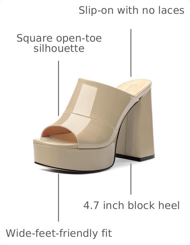 Image of Women Square Open Toe Platform Chunky Heel Slide Sandals | Slip On High Heel Dress Sandals, Elegant Formal Footwear For Wedding Club Evening Party Events