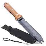 WILLKOMMEN Hori Hori Garden Knife- Garden Tools with Oxford Cloth Sheath, 7' Stainless Steel Blade,Full Tang Beechwood Handle, Ideal for Transplanting, Division, Weeding & Root Care (Forked Tip)