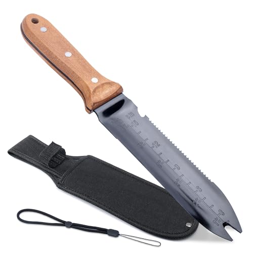 WILLKOMMEN - WILLKOMMEN Hori Hori Garden Knife- Garden Tools with Oxford Cloth Sheath, 7" Stainless Steel Blade,Full Tang Beechwood Handle, Ideal for Transplanting, Division, Weeding & Root Care (Forked Tip)