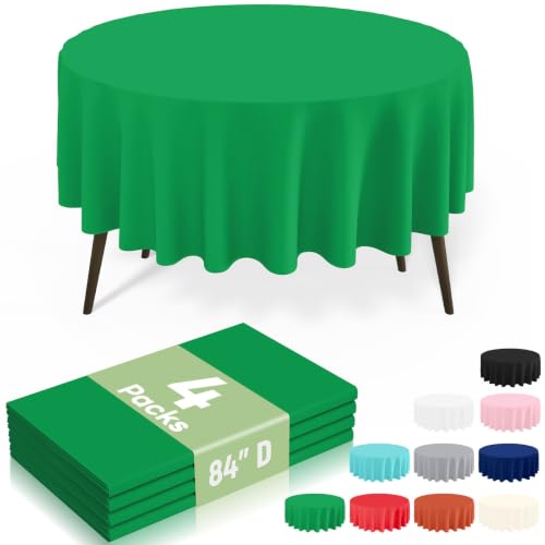Image of misaya 4 Packs Disposable Plastic Table Cloth, 84 inch Round Waterproof Tablecloth, Leakproof & Sturdy Decorative Table Covers for Picnic, Party, Outdoor and Back to School, Green