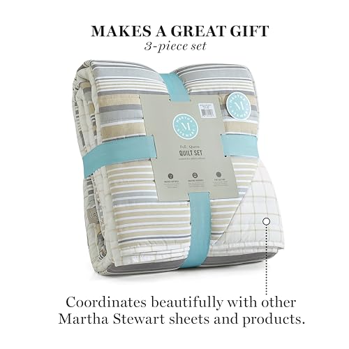 Image of Martha Stewart - Full Queen Size Quilt Bedding Set - 3 Piece, Soft Washed Microfiber, Printed Bedspread, Reversible, All Season, 1 Quilt, 2 Standard Pillow Shams, Gray & Khaki, Lefferts Stripe Print
