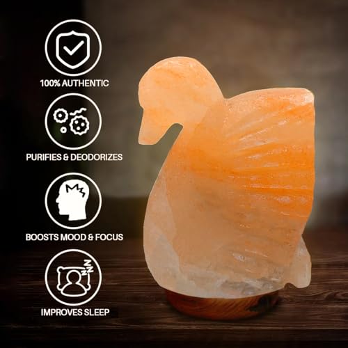Image of Swan Shaped Salt Rock Lamp - Authentic Himalayan Salt Lamp Comes with a Wooden Base - Hand Carved Premium Finish, Amber